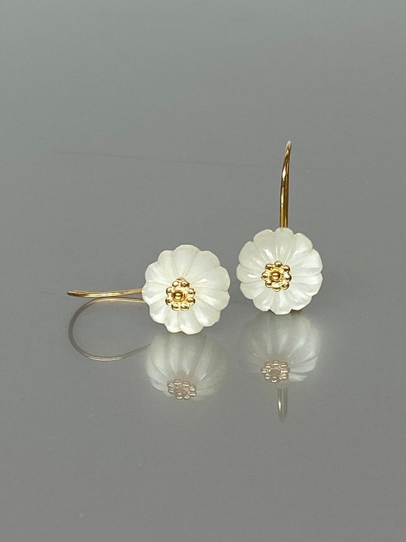 14K Gold White Moonstone Earrings, Hand Carved Flower Drop Earrings, June Birthstone Earrings,Small Earrings, Moonstone jewelry Gift for her