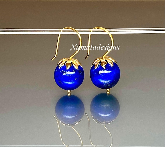 Lapis Lazuli Ball Earrings: 24K Gold Vermeil, Royal Blue Gemstone