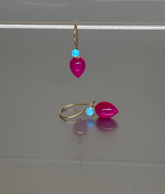 Blue Opal And Hot Pink Chalcedony Dangle Earring, Small Earrings, Fuchsia Pink Earrings,  Magenta stone Earrings, Handmade By Namatadesigns.