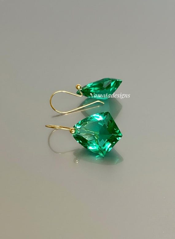 14K Gold Colombian Emerald Dangle Earrings: May Birthstone Jewelry