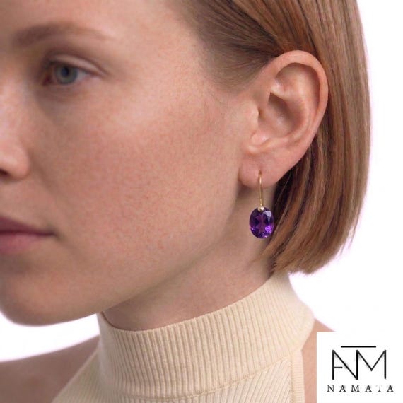 Purple Amethyst Dangle Earrings, Small Oval Earrings, February Birthstone Jewelry Gift