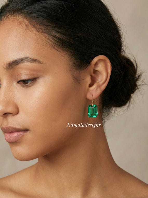 14K/18K Gold Colombian Emerald Dangle Drop Earrings, Green stone Earrings, Statement Earrings, Emerald Jewelry, October Birthstone.