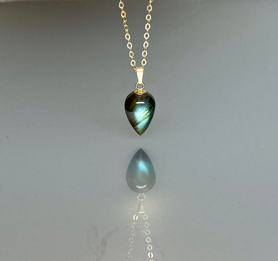 14K Gold Natural Green Fire  Labradorite Necklace, ONE OF A-KIND Necklace, Green Labradorite Pendat, Layering Dainty  Necklace Gift For Her.