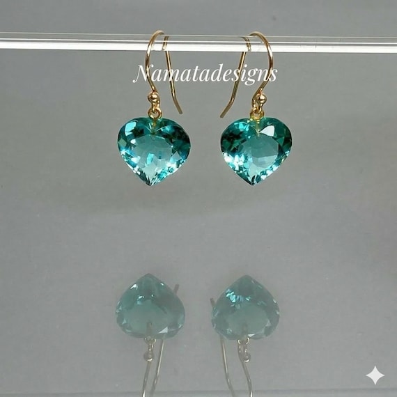 Paraiba Tourmaline Heart Earrings, October Birthstone, Blue-Green Heart Earrings, Tourmaline Jewelry Gift For Her.