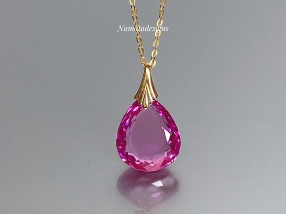 14K Gold Teardrop Pink Sapphire Necklace (32 ct), Sapphire Pendant, Long Necklace, Pink Stone Necklace, Sapphire Jewelry Gift For Her.