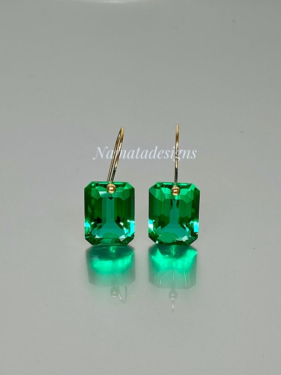 14K/18K Gold Colombian Emerald Dangle Drop Earrings, Green stone Earrings, Statement Earrings, Emerald Jewelry, October Birthstone.