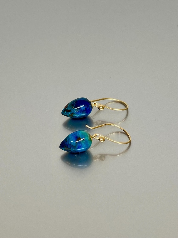 14K/18K Solid Gold Chrysocolla Earrings, ONE OF A-KIND Earrings, Small Dangle Earrings, Azurite Earrings, Chrysocolla Jewelry Gift For Her