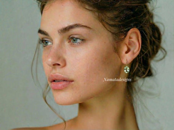 14K Natural Green Amethyst Dangle Earrings, Prasiolite Earrings, February Birthstone, Small Earrings, Holiday Gifts For Her.