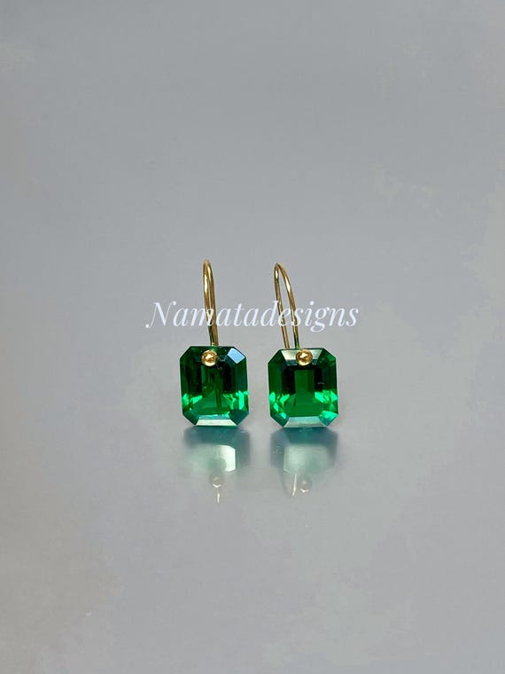 14K Gold Green Emerald Dangle  Earrings, Minimalist Emerald Jewelry,  Christmas Valentine’s Day Gift