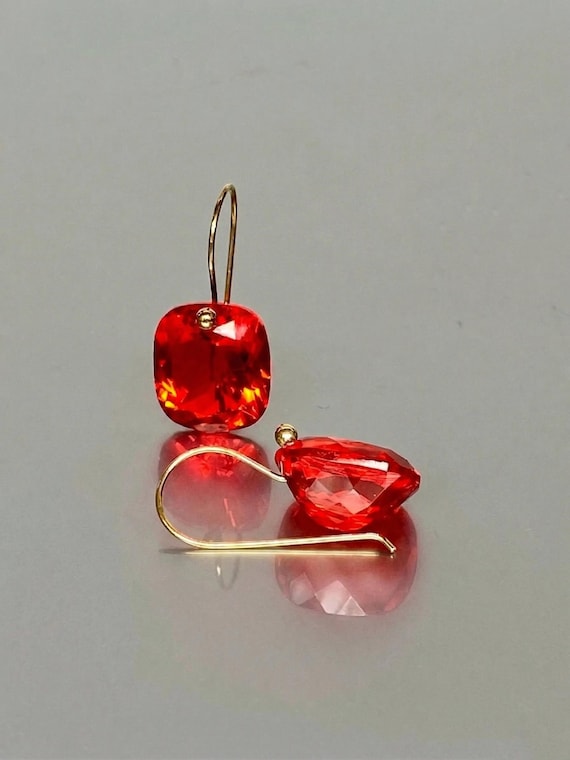14K Gold Fire Opal Dangle Earrings, October Birthstone, Orange Red Gemstone