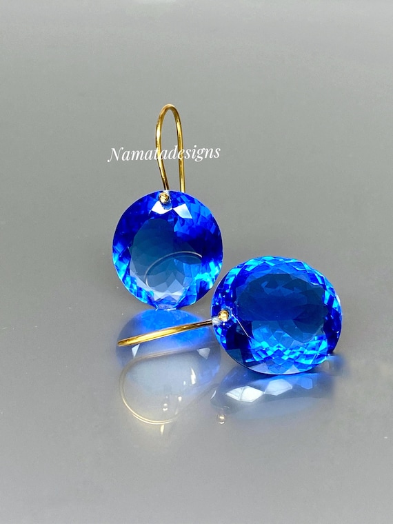 14K Gold Swiss Blue Topaz Earrings: Oval Dangle Statement Jewelry