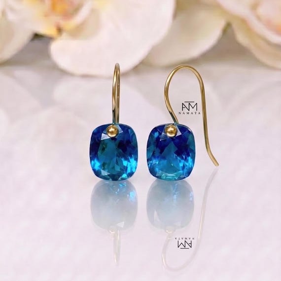 London Blue Topaz Earrings, 14K Gold Dangle Earrings, Cushion Rectangle Blue stone Drops, Minimalist December Birthstone Gift