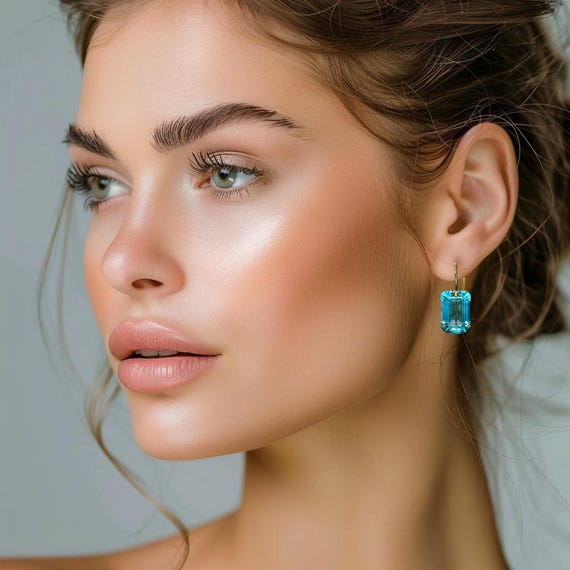 14K Gold Rectangle Blue Topaz  Earrings( 32 ct), Topaz  Drop Earring, Sky Blue Earring, December  Birthstone earring, Topaz Jewelry.