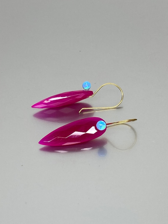 Hot pink Chalcedony And Blue Opal Earrings, Fuchsia Earrings, Long Earrings,  Raspberry Pink Earrings, Solid Gold Earrings Gift For Her.