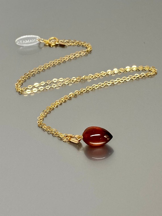 14K Gold Natural Hessonite Garnet Pendant Necklace, January Birthstone, Crystal Necklace, Red Stone Necklace,  Hessonite Jewellery
