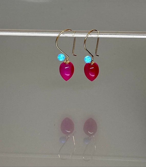 Blue Opal And Hot Pink Chalcedony Dangle Earring, Small Earrings, Fuchsia Pink Earrings,  Magenta stone Earrings, Handmade By Namatadesigns.