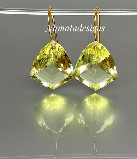 14K Gold Lemon Quartz Kite Shape Earrings: Faceted Statement Jewelry, November birthstone