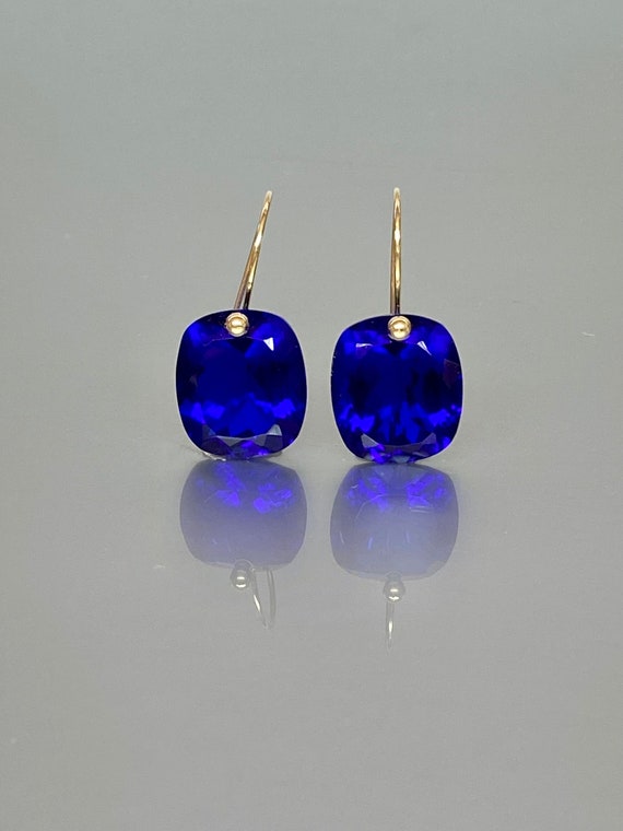 14K Gold  Rectangle Blue Sapphire Earrings (25ct), Sapphire Dangle Earrings, September birthstone, Sapphire Jewellery Gift For Her