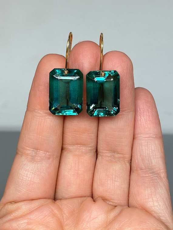 14K Gold Paraiba Tourmaline Dangle  Earrings, Statement Earrings, Green Tourmaline Drop Earrings, Tourmaline Jewelry Gift, Valentines Gifts.