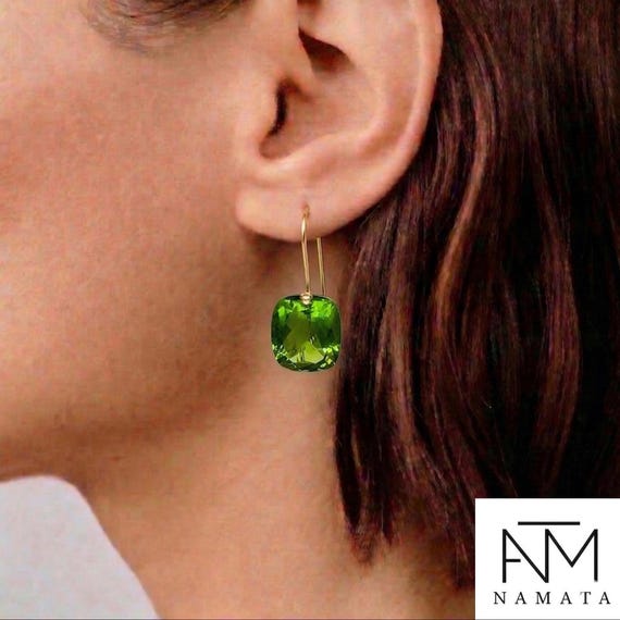 14K Gold Peridot Drop Earrings: Green Stone Earrings