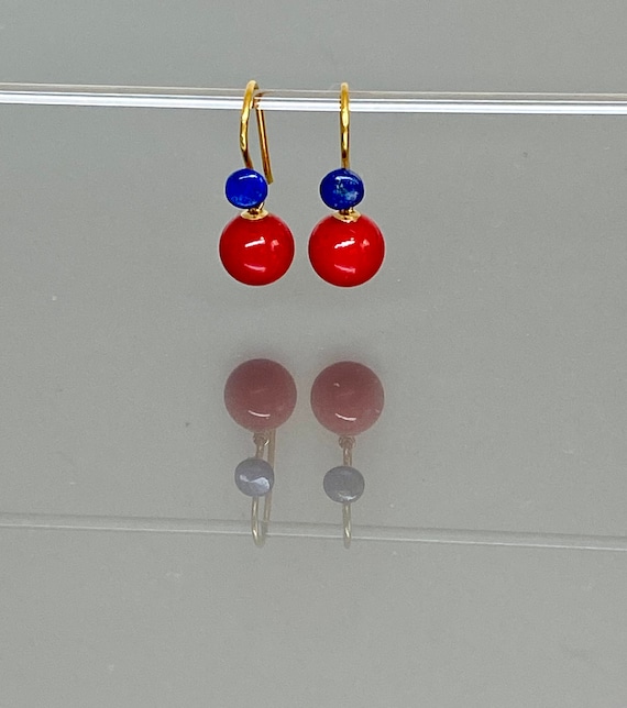 14K Gold Red Coral And Lapis Lazuli  Sphere Earrings, Small Earrings,  Globe Earrings, Ball Earrings, Coral Jewelry Gift For Her.
