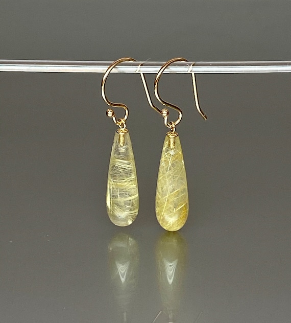 14K SOLID GOLD Natural  Rutile Earrings,  Rutile Teardrop Dangle, Tourmalinated Quartz, Rutile Jewelry, Gift for Her.