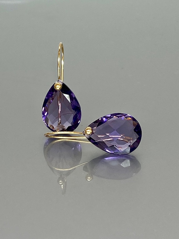 14K Gold Small Teardrop  Purple Amethyst Statement Earrings (22 ct), Amethyst Drop Earrings, February Birthstone Earrings, Gift For Her.
