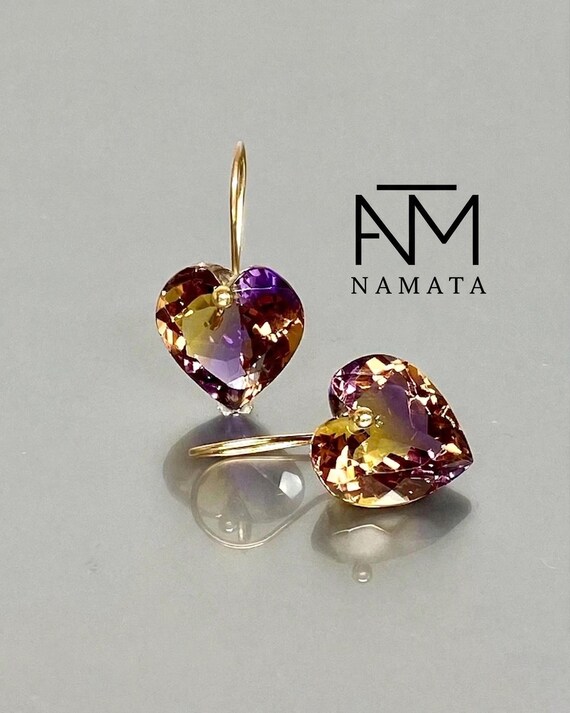 14K Gold Ametrine Heart Earrings: Purple Yellow Bicolor, One Of A Kind Jewelry