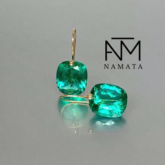 14K Gold Colombian Emerald Dangle Earrings, Green Cushion Cut Drops
