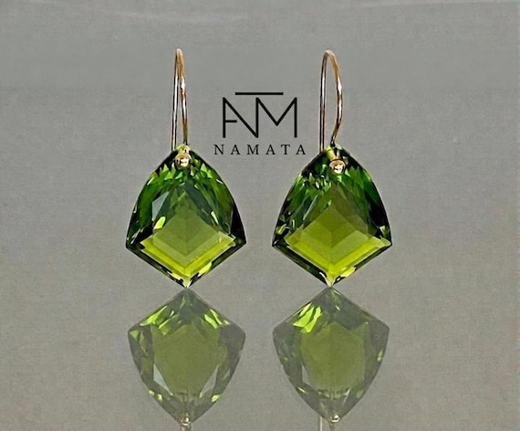 14K Gold Peridot Kite Earrings: August Birthstone, Green Stone Jewelry