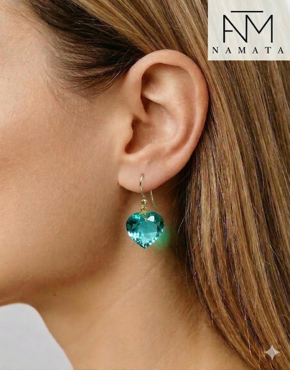 Paraiba Tourmaline Heart Earrings, October Birthstone, Blue-Green Heart Earrings, Tourmaline Jewelry Gift For Her.