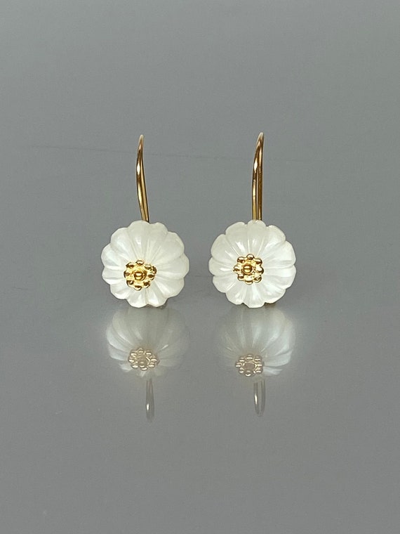 14K Gold White Moonstone Earrings, Hand Carved Flower Dangle Earring, June Birthstone Earring,Small Earrings, Moonstone jewelry Gift for her