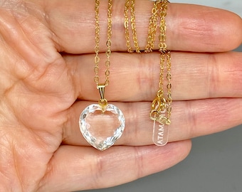 Natural Gold Crystal Heart Pendant Necklace, Birthstone Earrings Gift, Crystal Quartz Jewelry, Clear Crystal Pendant,  Gift For Her Birthday