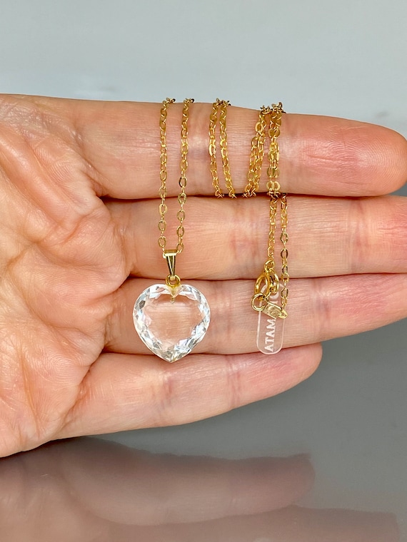 Natural Gold Crystal Heart Pendant Necklace, Birthstone Earrings Gift, Crystal Quartz Jewelry, Clear Crystal Pendant,  Gift For Her Birthday