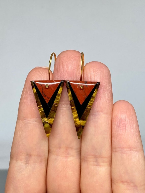 14K Gold Tiger Eye  Earrings, ONE OF A-KIND Earrings,  Multi Stone  Earrings,  Triangle Earrings, Tiger Eye Jewellery Gift For Her.
