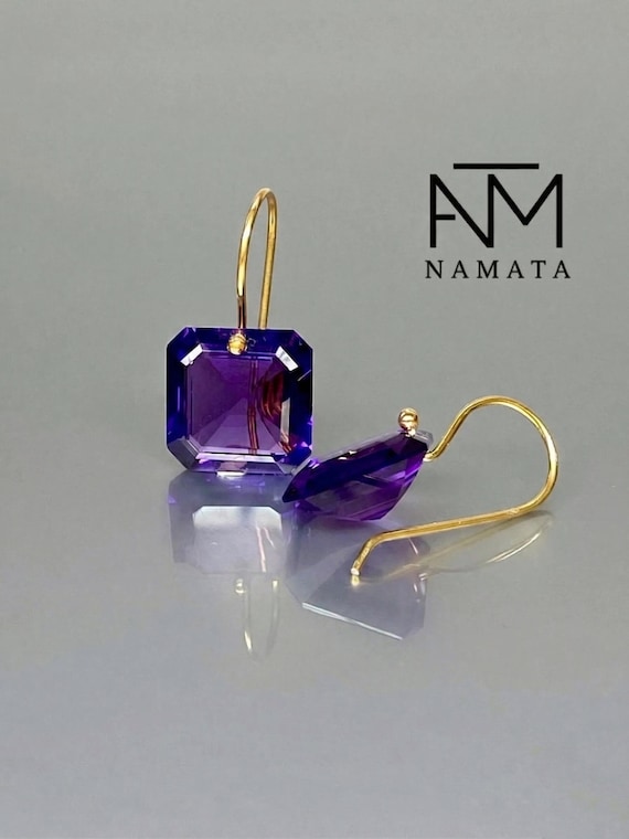 14K Gold Amethyst Dangle Earrings: Square Purple Stone, February Birthstone