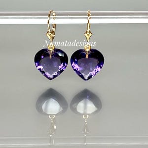 14K Gold  Purple Amethyst Heart Drangle Earrings: February Birthstone