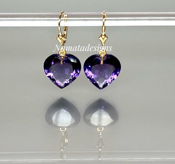 14K Gold  Purple Amethyst Heart Drangle Earrings: February Birthstone