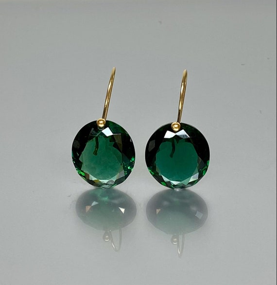 14K Gold Green Tourmaline statement earrings,  Green Stone Earrings, Round Earrings, Tourmaline Jewelry Gift For Her, Valentine's Day Gift.