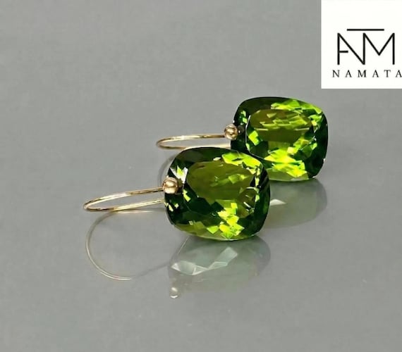 14K Gold Peridot Drop Earrings: Green Stone Earrings in 925 Sterling Silver