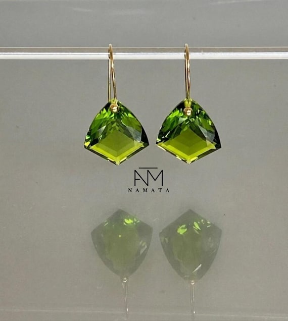 14K Gold Peridot Dangle Earrings: August Birthstone, Green Stone Jewelry