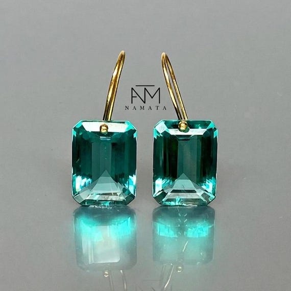 14K Gold Paraiba Tourmaline Statement  Earrings, Green Tourmaline Drop Earrings, Ocean Blue Earring, Tourmaline Jewelry Gift For Her