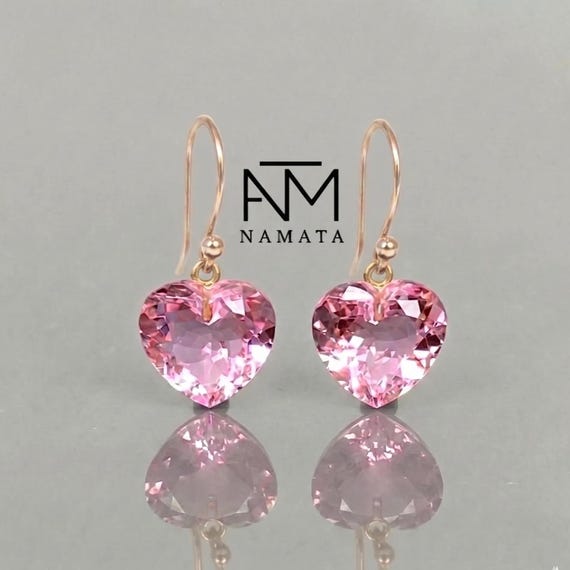 Pink Topaz Heart Dangle Earrings, Gold Vermeil, Faceted Gemstone, Romantic Bridal Jewelry
