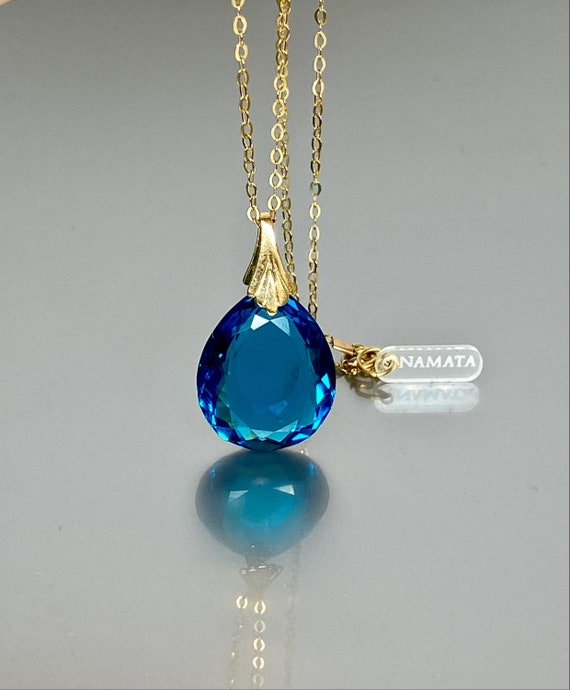 14K Gold London Blue Topaz  Necklace, Blue Topaz Pendant, December Birthstone, Rectangle Pendant, Layering Necklace, Minimalist Necklace.