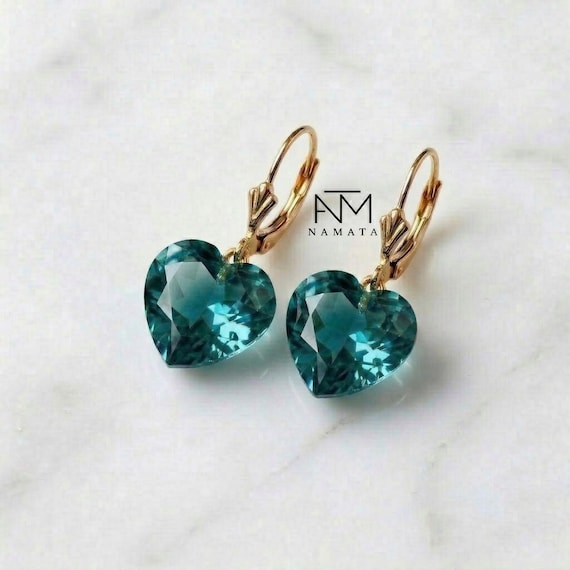 Blue Green Paraiba Tourmaline Earrings, 14K Gold Heart Dangle Earrings, October Birthstone Fine Jewelry Gift for Her