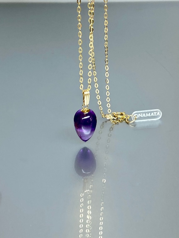 14K Gold Acron shape Purple Amethyst Pendant  Necklace, February Birthstone, Minimalist Crystal Necklace, Layering Necklace.