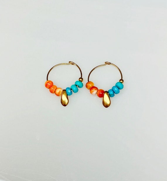 Natural Spiny Oyster  And Turquoise Hoop Earrings, Turquoise Hoop Earring, Multi Stone Earrings, Spiny Oyster Earrings, Spiny Oyster Jewelry