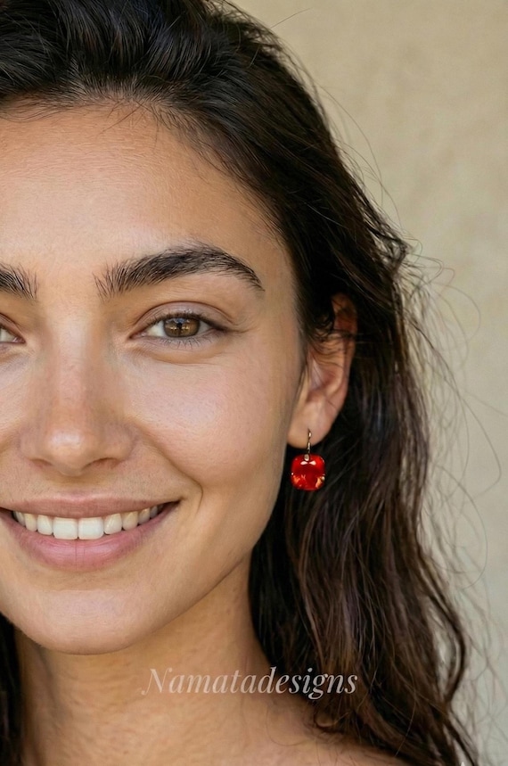 14/18K Gold Fire Opal Dangle Earrings, Orange Opal Drop Earrings, Mexican Opal Earrings, October Birthstone Gift.