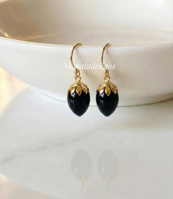Black Onyx Earrings, Inverted Teardrop Onyx Drop Earrings, Minimalist Dangle Earrings, Sterling Silver or Vermeil, Gift for Her