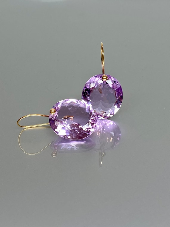 14K Gold Kunzite Oval Drop Earrings, Statement Earrings, October Birthstone, Minimalist Earrings, Kunzite Jewelry Gift For Her.